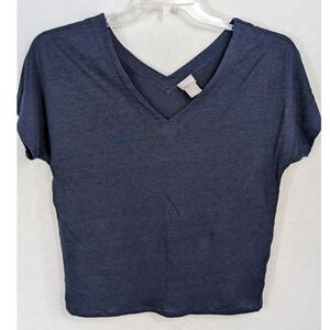 Chico's Women's Size 0 Small Navy Blue Linen V-Neck Short Sleeve Top Minimalist